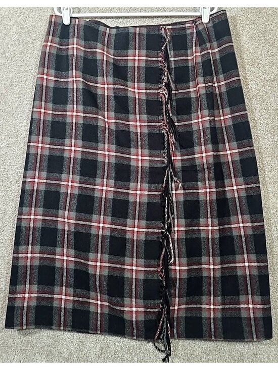 villager Dresses & Skirts - Villager Liz Claiborne Wool Blend Pencil Skirt Lined Plaid Fringe Long Women 16